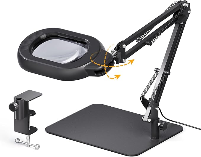 Magnifying Desk Lamp, 10X Square Magnifying Glass with Light and Stand, Dimmable LED Magnifier Lamp with Clamp and Base, Adjustable Swing Arm Light for Close Work, Reading, Crafting, Black