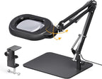 Magnifying Desk Lamp, 10X Square Magnifying Glass with Light and Stand, Dimmable LED Magnifier Lamp with Clamp and Base, Adjustable Swing Arm Light for Close Work, Reading, Crafting, Black