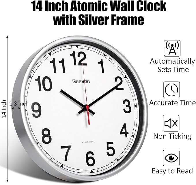 Geevon Atomic Wall Clock 14 Inch, Atomic Analog Wall Clocks Battery Operated, Large Digits Automatic Clock for Kitchen/School/Classroom/Bedroom/Living Room (Silver Frame)