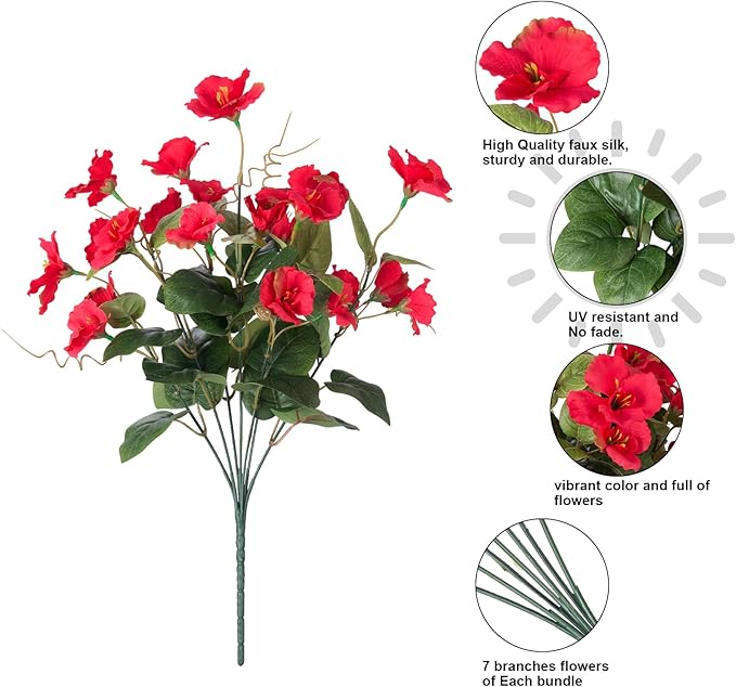 Hibiscus Artificial Flowers Plants for Outdoors Decoration, 6 Bundles Silk Hibiscus Bouquet Tropical Flowers Artificial Realistic UV Resistant Fake Flower for Outside Planter Porch Patio Balcony, Red