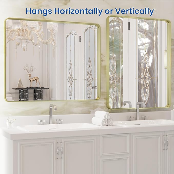 WEER Gold Bathroom Mirror, 28X36 Inch Brushed Gold Metal Frame Mirror, Rounded Rectangle Gold Bathroom Vanity Mirror for Wall, Tempered Glass, Anti-Rust, Hangs Horizontally or Vertically