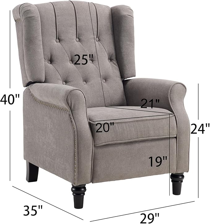 CANMOV Push Back Recliner Chair, Accent Chair,Mid Century Wingback Recliner, Fabric Push Back Recliner Chair Single Armchair Sofa with Rivet Decoration,Button-Tufted Back for Living Room, Grey