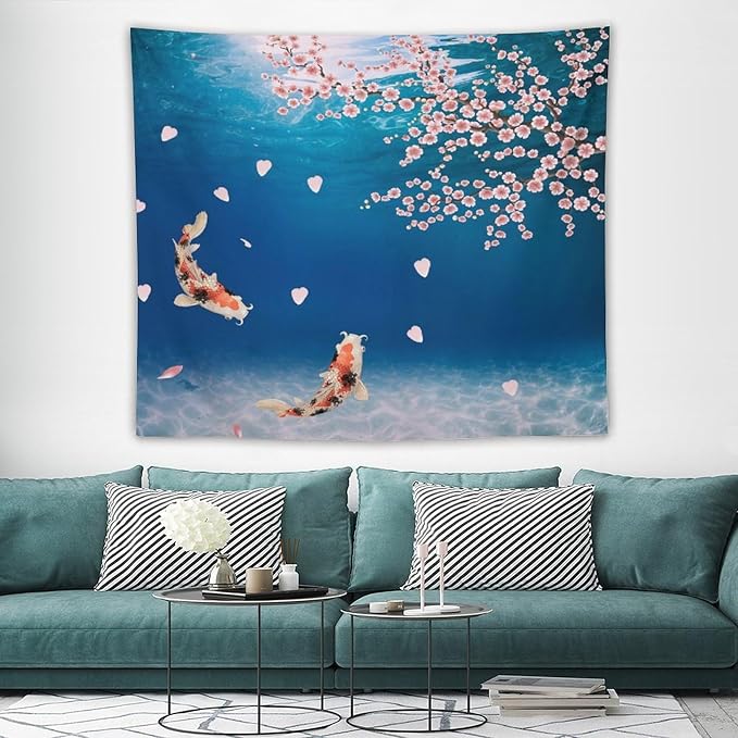 Japanese Koi Fish Tapestry, Cherry Blossoms Asian Oriental Blue Floral Branch Koi Fish Carp Tapestries Wall Hanging for Bedroom Living Room Office Decor 60"x50"