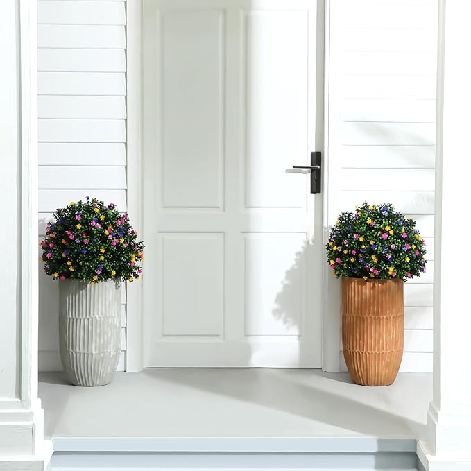 Yunlly Set of 2 Artificial Boxwood Topiary Ball Tree Fake Bushes Shrubs Outdoor Faux Plant with Ground Spike Flowers UV Resistance Greenery for Front Porch Garden Patio Indoor(Multicolor,27x18inch)