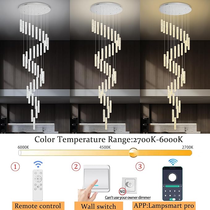 150 Inches Long Crystal Chandelier Large Spiral Stair Chandeliers for High Ceilings Foyer Entryway Flush Mount Ceiling Lights 36-Light Silver LED Dimmbale