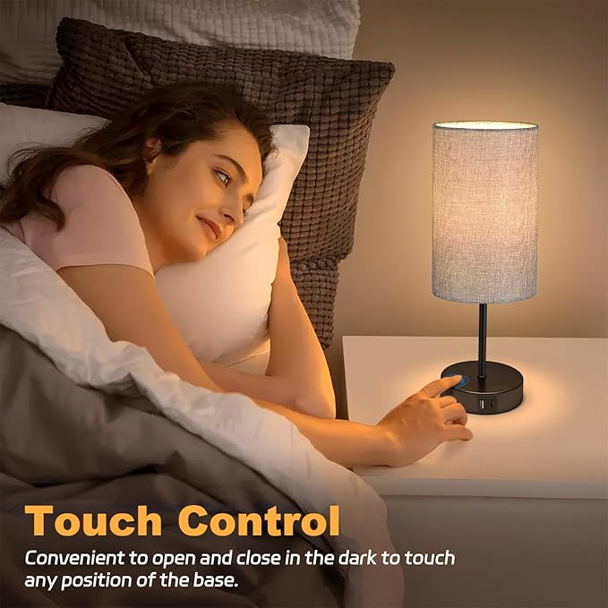 AKASUKI Table Lamp for Bedroom, 3 Way Dimmable Touch Lamp with Dual Charging Station, Small Bedside Lamps for Night Stands, Living Room, Office(LED Bulb Included)