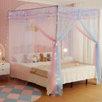 Full Size Bed Canopy with Lights, Bed Canopy for Girls Princess with Luminous Stars, Canopy Bed Curtains for Full Bed Kids Indoor Decor Bedroom, 4 Corner Post Bunk Bed for Student Dormitory, Blue&Pink