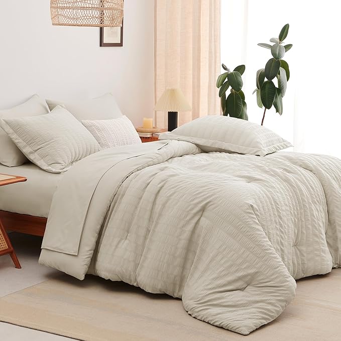 CozyLux King Size Comforter Set Oatmeal Seersucker 7 Pieces Bed in a Bag King Comforter Set with Sheets, Luxury Bedding Set with Down Alternative Comforter, Sheets, Pillowcases & Shams All Seasons