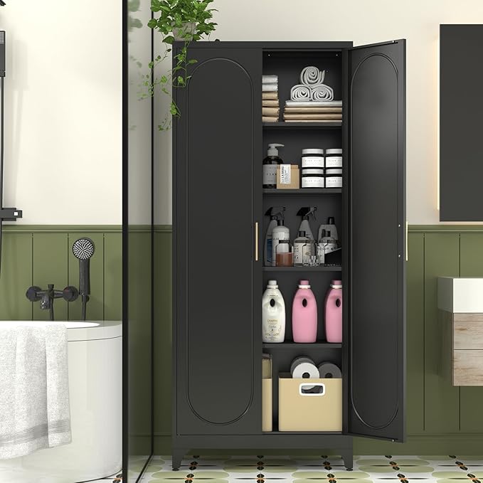 Pantry Cabinet, 75 Inch Tall Kitchen Storage Cabinet, Metal Pantry Cabinets with Doors and Adjustable Shelves, Black Freestanding Food Cupboard for Living, Dinning Room-Assembly Required