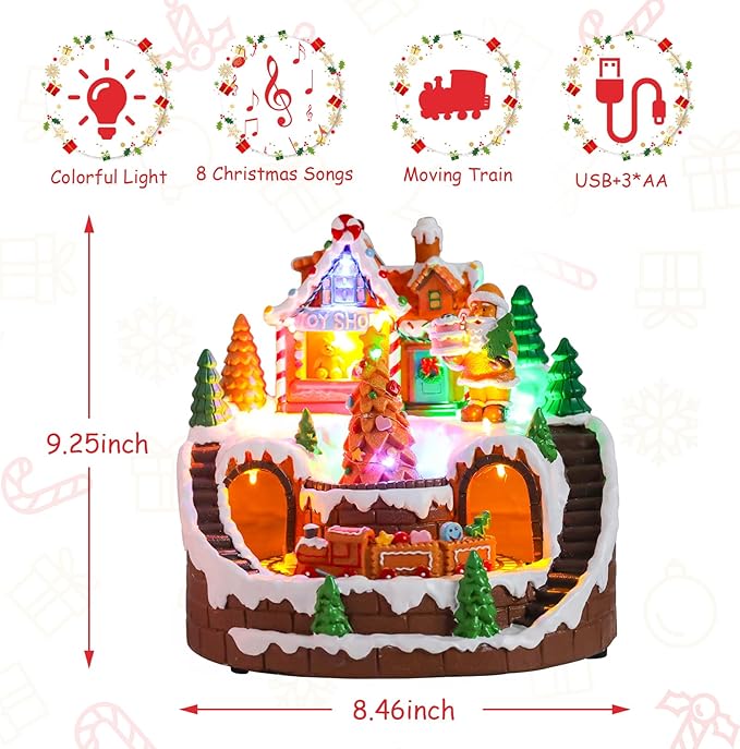 taman Christmas Village Houses - Musical Gingerbread House Collectible Buildings with Rotating Christmas Tree and Moving Train Ornaments for Holiday Decorations