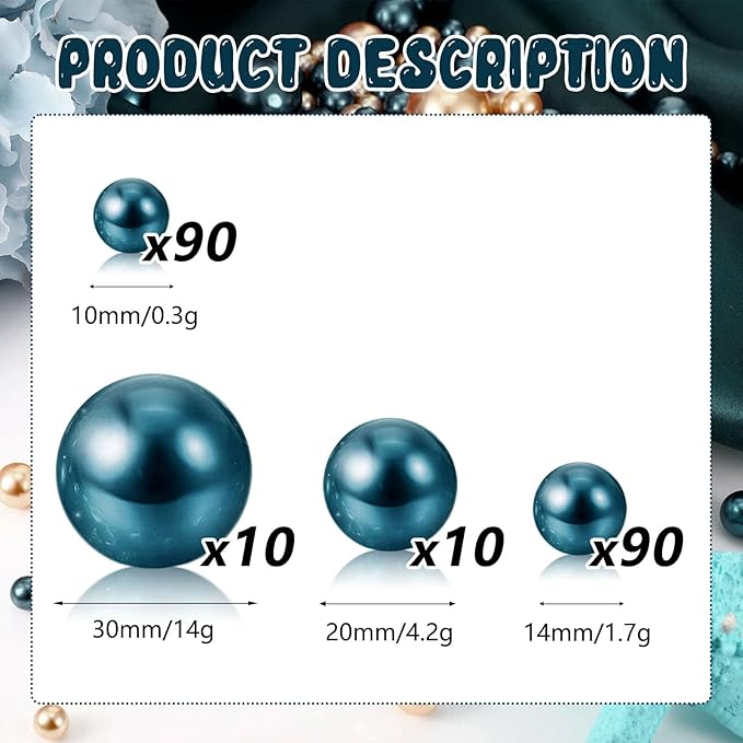 200PCS Navy Blue Faux Pearls Beads for Centerpiece Vases, Vase Filler Faux Pearls, No Holes Filler Beads for Party Anniversary Birthday Wedding Table Decor, 10/14/20/30mm