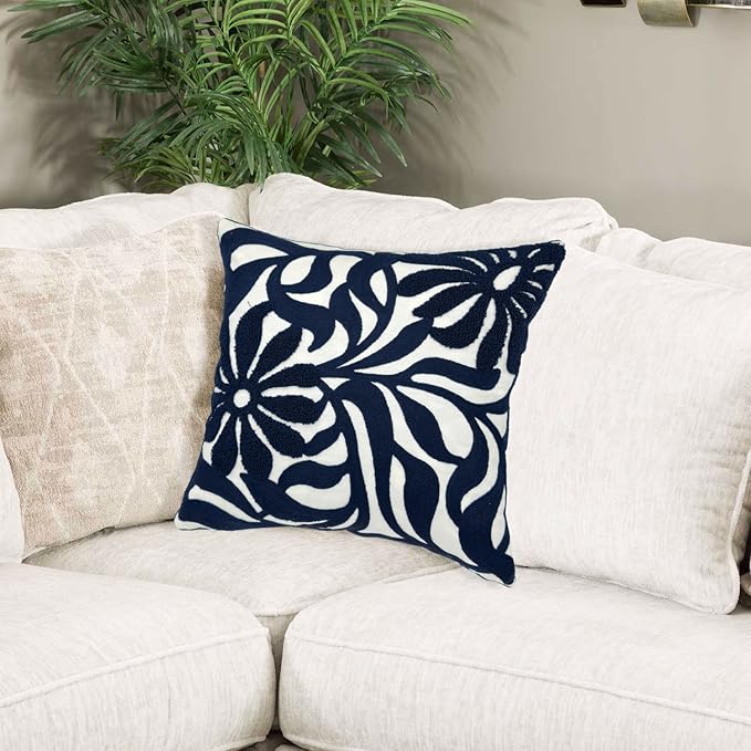 Alysheer Farmhouse Floral Leaves Embroidered Decorative Throw Pillow Cover 18x18 inches, Boho Tufted Flowers Embroidery Pattern Chic Cotton Cushion Case for Couch Bed Sofa Living Room(Navy Blue)