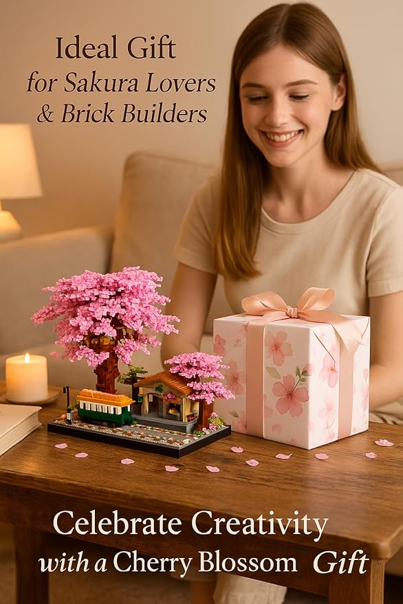 Cherry Train Building Set, Japanese Sakura Train Station Scene with Cherry Blossom Trees, Collectible Architecture Model Kit Mini Bricks Toys 3668 Pieces