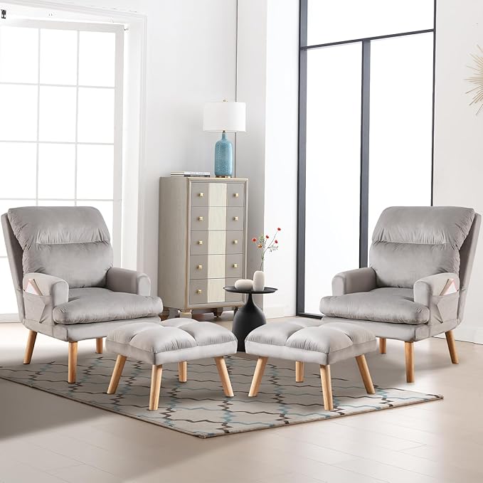 CANMOV Modern Accent Chair with Ottoman Set of 2, Soft Fabric Armchair with Adjustable Backrest and Side Pockets, Comfy Lounge Chair for Living Room, Bedroom, Apartment, Office, Grey