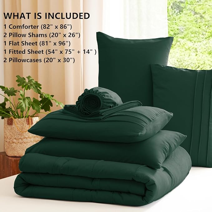 CozyLux Full Size Comforter Sets Emerald Green, 7 Pieces Soft Pinch Pleat Bed in a Bag Full Comforter Set with Sheets, Bed Set with Down Alternative Comforter, Sheets, Pillowcases & Shams