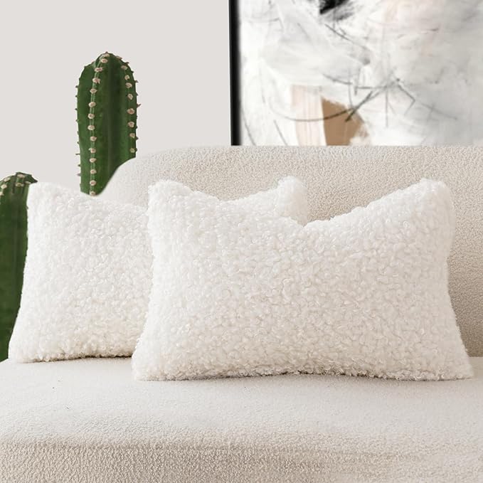 Foindtower Set of 2 Curly Teddy Wool Faux Fur Pillow Covers Decorative Boucle Textured Lumbar Throw Pillow Oblong Accent Pillowcases Sheepskin Cushion Case for for Chair and Couch 12"x20" White