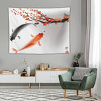 Houselerax Japanese Koi Fish Tapestry, Cherry Blossoms Asian Oriental Flower Branch Koi Fish Carp Tapestries Wall Hanging for Bedroom Living Room Office Decor 80"x60"