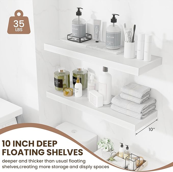 Fun Memories Floating Shelves for Wall, 32 Inch Long Floating Shelves Set of 2, 32 x 10 Wooden Shelves for Wall, Large Storage Shelves, Hanging Shelves for Bathroom Kitchen Bedroom, White