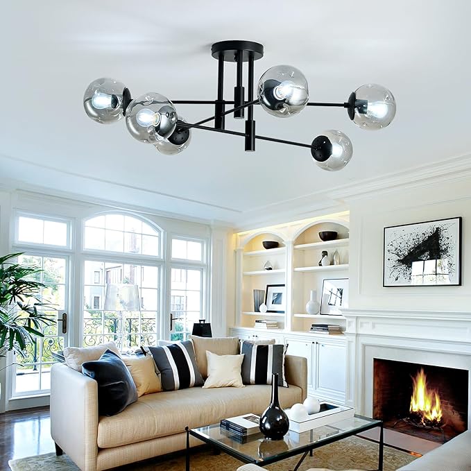 SZXYKEJI 6-Lights Glass Globe Sputnik Chandelier Modern Flush Mount Ceiling Light Fixture Black Farmhouse Lighting for Dining Room Living Room Bedroom Kitchen Passageway.