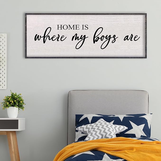 Home Is Where My Boys Are Wall Decor 32"×12" mom and her boys Sign for boys room Playroom Large Wood Framed Wall Hanging Art (Black)