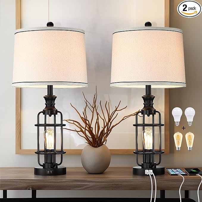 26.3”Table Lamps Set of 2 with USB Charging Ports,Farmhouse Bedside Nightstand Lamp with Rotary Switch,Rustic Reading Lamps Industrial Desk Lamps for Bedroom Living Room,Bulbs Included