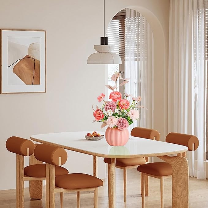 Artificial Flowers, Fake Flowers in Vase, Silk Flowers with Ceramic Vase, Faux Flowers Arrangement for Homes, Restaurants Decoration Dining Table Centerpiece Decor (Pink)
