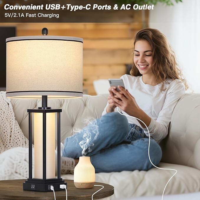 27in Tall Farmhouse Table Lamp Set of 2 with USB C+A & Outlet,Black Industrial End Table Lamp for Living Room,Vintage Rustic Bedside Lamps with Night Light for Bedroom Nightstand,Black
