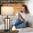 27in Tall Farmhouse Table Lamp with USB C+A & Outlet,Black Industrial End Table Lamp for Living Room,Vintage Rustic Bedside Lamp with Night Light for Bedroom Nightstand,Single Black