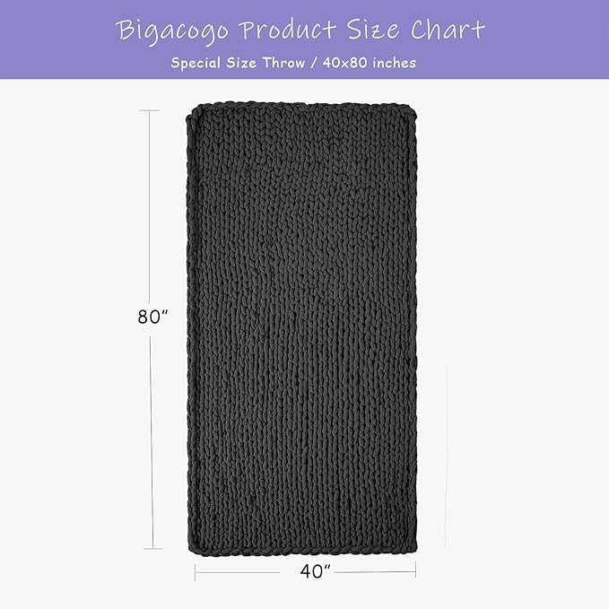 Bigacogo Chunky Knit Throw Blanket for Couch, 40x80 inches, 100% Hand Knitted with Thick Jumbo Chenille Yarn, Cozy Soft Large Rope Knot Cable Crochet Blankets for Sofa Bed Living Room, Dark Grey