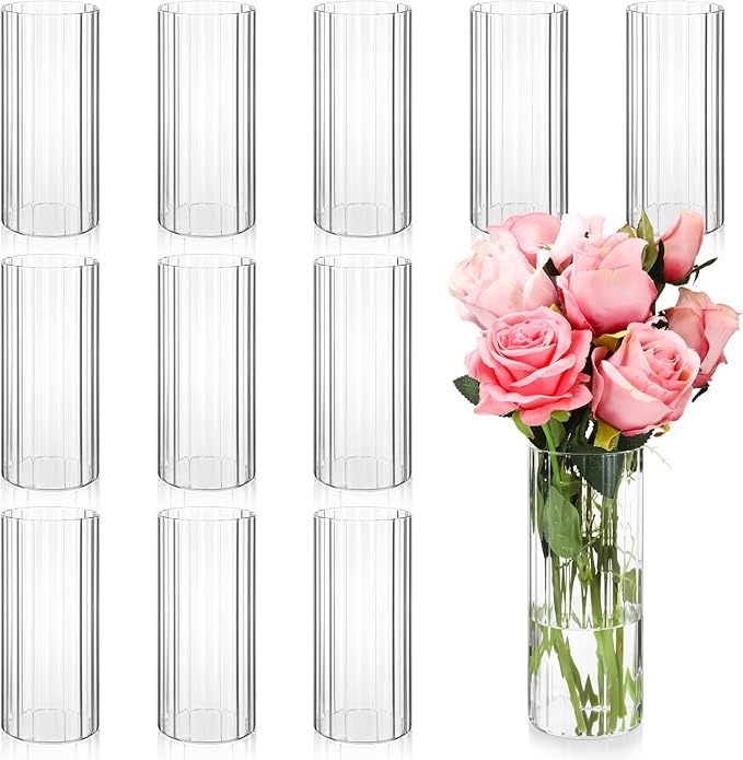 12 Pcs Glass Cylinder Vases for Centerpieces 8 Inch Clear Ribbed Tall Bud Vase for Centerpieces for Flower Wedding Decoration Floating Candle and Indoor Home Decor, Housewarming Gift