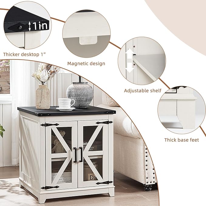 Farmhouse End Table with Charging Station, 24" Large Sofa Side Table with Glass Barn Door,White Nightstand with Adjustable Storage Shelf,Wood Square Bedside Table for Living Room,Bedroom