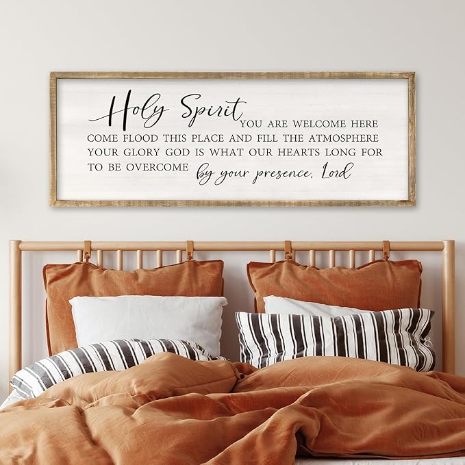 Holy Spirit You are Welcome Here Wall Decor Art 40x15 Inch Large Christian Song Bible Verse Plaque Wood Framed Sign Living Room Scripture Quote Religious For Office Wall Hanging (Wood)