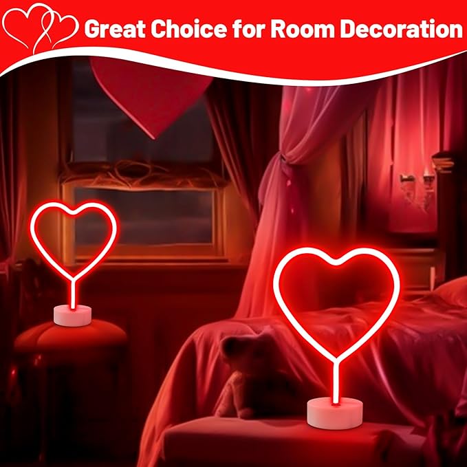 BRIGHTDECK 2 Pack Heart Neon Signs, LED Lights Battery Operated or USB Powered Decoration Lamp, Neon Lights Decor for Valentine's Day Gifts, Wedding, Party, Pink Room Decor (Red Heart)