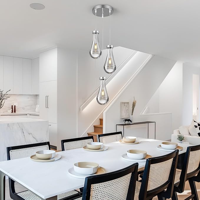 Raindrop Pendant Lights Kitchen Island Teardrop Chrome Hanging Light Fixtures Clear Solid Glass Pendant Light Modern Chandeliers for Dining Room Porch Corridor Living Room(3-Light)