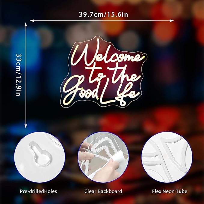 Welcome To The Good Life Neon Sign, Neon Signs for Wall Decor Neon Warm White LED Signs Room Neon Light Up Signs Home Decor for Bedroom Club Party Bar Shop USB Operated