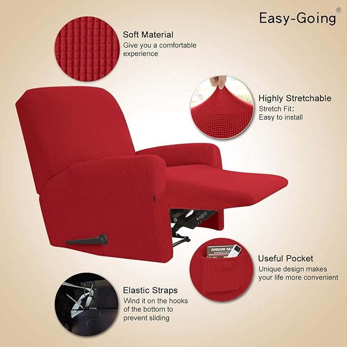 Easy-Going Recliner Stretch Sofa Slipcover Sofa Cover 4-Pieces Furniture Protector Couch Soft with Elastic Bottom Polyester Spandex Jacquard Fabric Small Checks(Recliner,Christmas Red,Large)