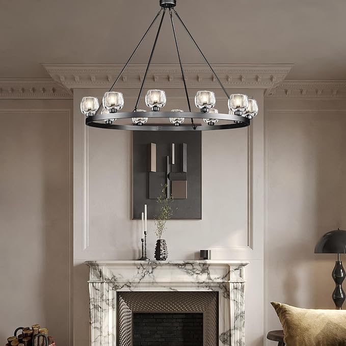 Black Wagon Wheel Chandelier, 48 Inch Black Chandeliers with Unique Glass Shade, 12-Light Crystal Large Wagon Wheel Chandeliers for Dining Room, High Ceiling Round Chandelier for Living Room, Foyer
