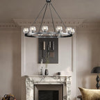 Black Wagon Wheel Chandelier, 48 Inch Black Chandeliers with Unique Glass Shade, 12-Light Crystal Large Wagon Wheel Chandeliers for Dining Room, High Ceiling Round Chandelier for Living Room, Foyer