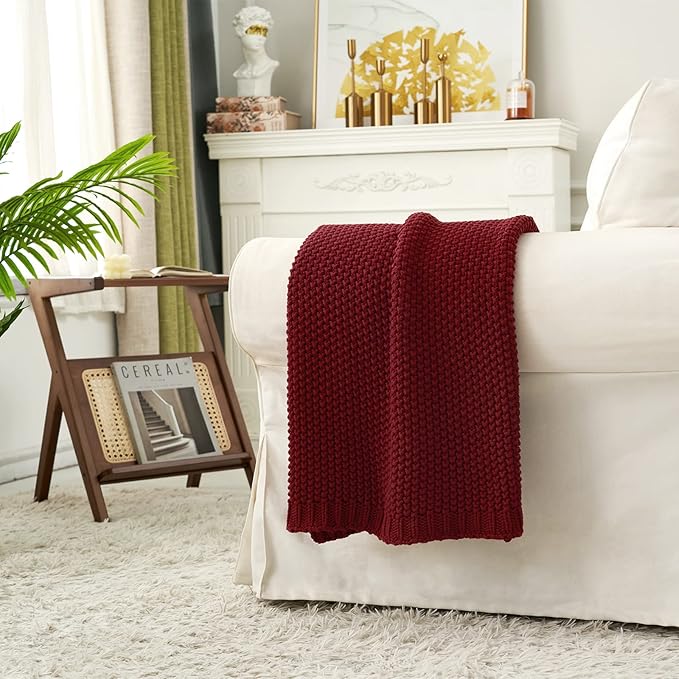 Longhui bedding Chunky Cable Knit Throw Blanket Lightweight Burgundy 100% Organic Cotton Blanket for Sofa Couch Bed Baby Nursery, Rustic Shabby Chic Modern Farmhouse, 51” x 63” Give Laundering Bag