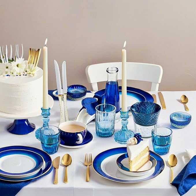 Glass Candlestick Holder,Striped Taper Candle Holders,Set of 6 Candle Stand for Table Centerpieces, Home Decor,Weddings,Festival and Parties (Blue Stripe Pattern)