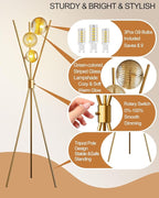Lightdot Dimmable Tripod Floor Lamp Gold Art Deco Floor Lamp with Brown Globe Glass Lampshade 3Pcs Bulbs Included Tripod Standing Lamp for Living Room/Bedroom