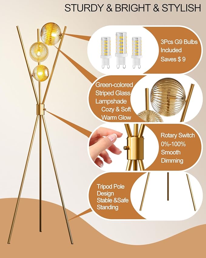 Lightdot Dimmable Tripod Floor Lamp Gold Art Deco Floor Lamp with Brown Globe Glass Lampshade 3Pcs Bulbs Included Tripod Standing Lamp for Living Room/Bedroom