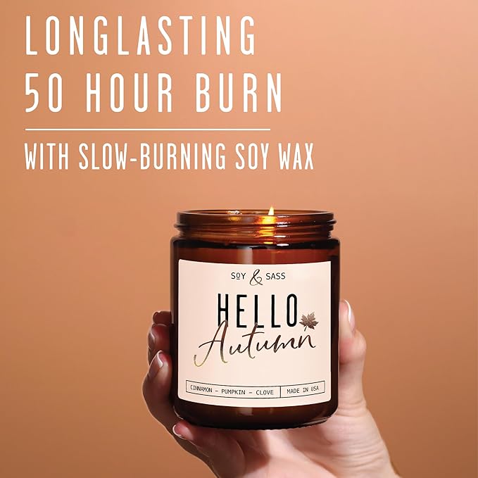 Fall Candles - ‘Hello Autumn’ Soy Fall Candle w/Apple, Cinnamon & Nutmeg I Infused with Essential Oils I Autumn Scented Candles I Cozy Décor Gifts I 9oz Jar I 50Hr Burn I Made in USA
