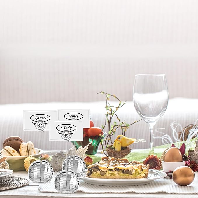 Prasacco 20 Set Disco Ball Table Number Holders, 2 Inch Silver Disco Ball Place Card Holder with Swirl Wire Clips und Name Cards for Wedding Party Decoration, Photo Display Holder, Desktop Decorations