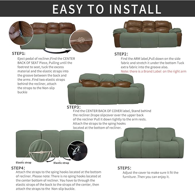 Easy-Going 8 Pieces Recliner Sofa Stretch Sofa Slipcover Sofa Cover Furniture Protector Couch Soft with Elastic Bottom Kids, Spandex Jacquard Fabric Small Checks Greyish Green