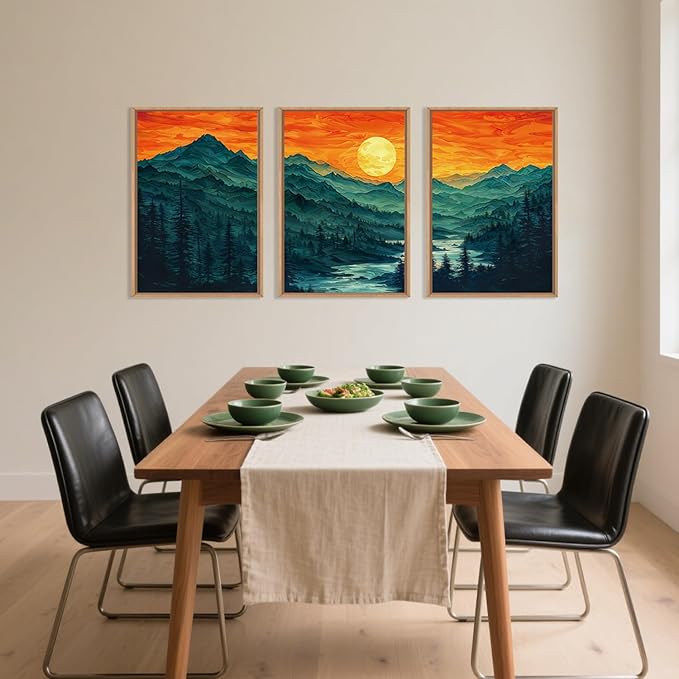Woodland Mountain Framed Canvas Wall Art Set, Abstract Ridge Wall Painting, Boho Sunset Scenery Wall Decor, Modern Natural Landscape Art Print for Living Room, Bedroom, Office - 16"x24"x3