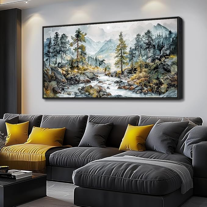 PHAOHUAXM Large Wall Art For Bedroom Wall Decor For Living Room Office Decoration Rivulet View Painting Forest Tree Landscape Watercolour Pictures Canvas Artworks Home Decor Black Framed 24x48 In