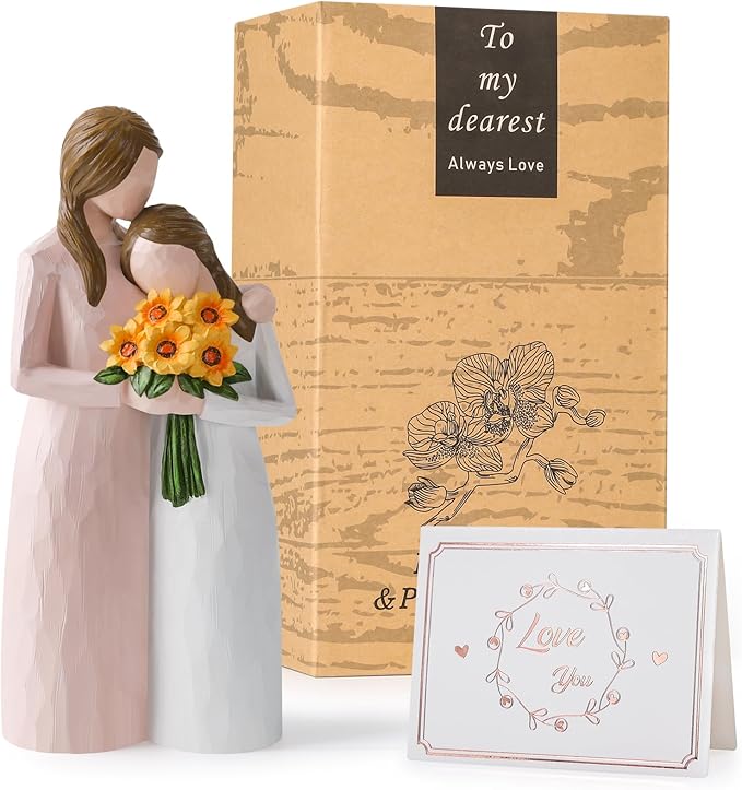 Sunflower Mother Daughter Figurine, Hand-Painted Resin Figure, Sentimental Gifts for Mom from Daughter, Perfect for Mother’s Day, Birthday, Thanksgiving, Christmas and Home Decoration, Pink