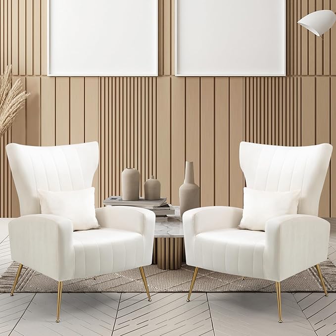 X-VOLSPORT Velvet Accent Chair, Mid Century Modern High Back Living Room Chair with Waist Pillow, Upholstered Arm Chair with Metal Gold Legs for Bedroom, Club, White