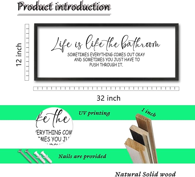 ZZJJHYWGQ Life Is Like The Bathroom Wall Decor 32×12 Inch Large Laundry Wood Framed Sign for Funny Bathroom Restroom Toilet Wall Hanging Art (Black)